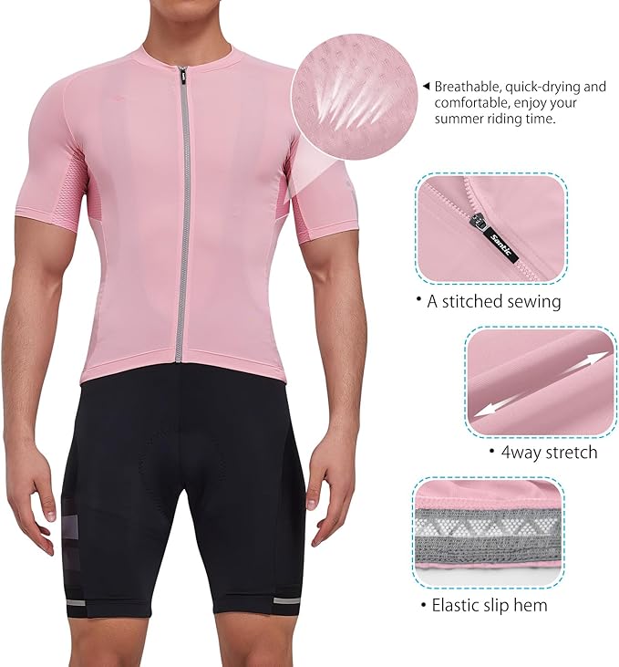 Santic Men's Cycling Jersey Short Sleeve Tops Pro Road Bike Shirt Full Zipper UPF 50+ MTB Jersey with Pockets
