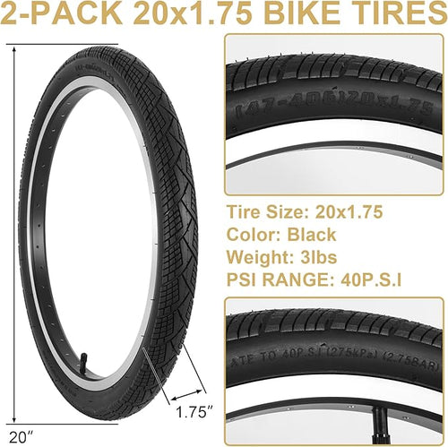 2-Pack 20x1.75 Bike Tire Tube, 20 Inch Mountain Bike Tires & Tubes, Folding Replacement Bicycle Tires with 2 Tire Levers for Hybrid, City Commuter, Urban