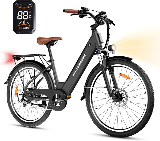 WINDHORSE 26" Electric Bike for Adults 20MPH & 30-50 Miles Range, Shimano 7-Speed, 468WH Removable Battery Commuter Ebike with 750W Peak Motor, Front Suspension, Rear Rack, Fenders, UL2849 Certified