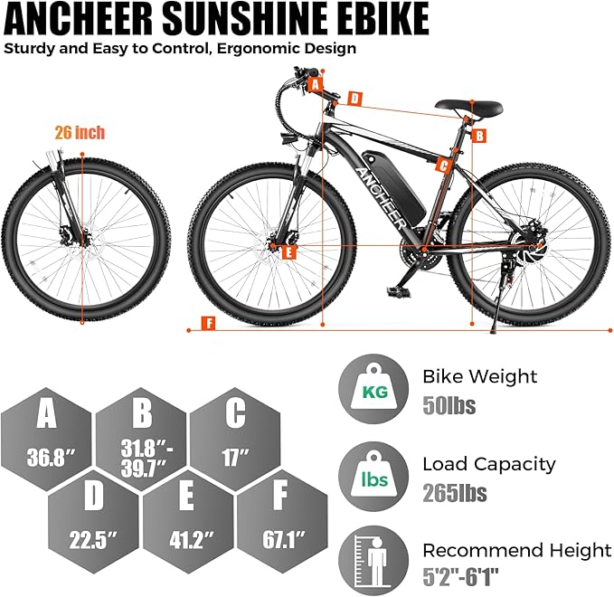 ANCHEER Electric Bike for Adults, [Peak 750W Motor] Electric Mountain Bike, 26" Sunshine Ebike, 55 Miles 20-22MPH Electric Bicycle with 48V/374Wh Battery, 7/21Speed, UL2849 Compliant