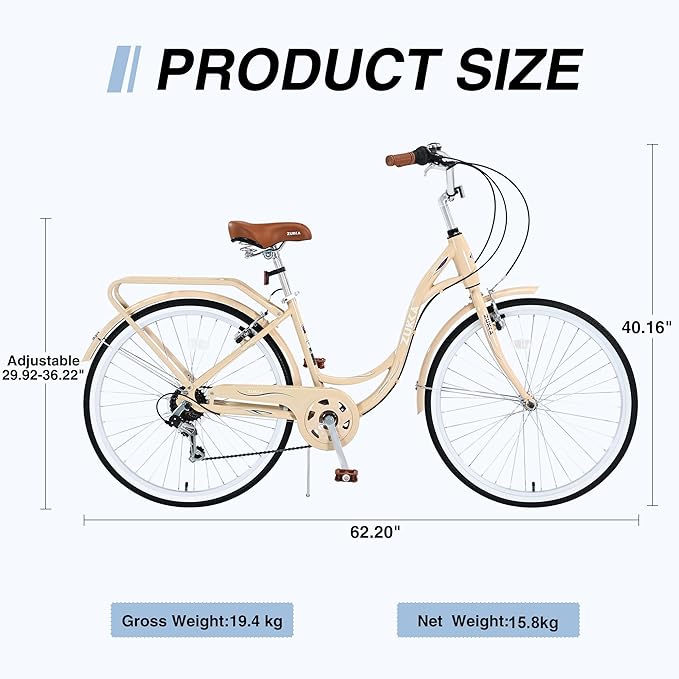 ZUKKA Beach Cruiser Bike for Women 24/26 Inch Ladies Bike 7 Speed Complete Cruiser Bikes with Dual V-Brake and Adjustable Seat, Adult City Bike for Women, Men, Multiple Colors