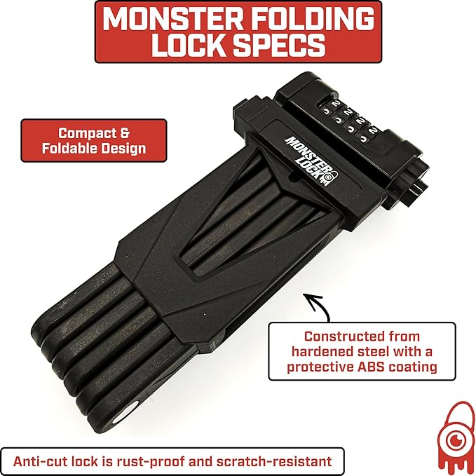 Monster Folding Bike Lock – Heavy-Duty Anti-Theft Hardened Steel, Rust-Proof, Foldable Compact High-Security Lock for Bicycle, Scooter & Motorcycle