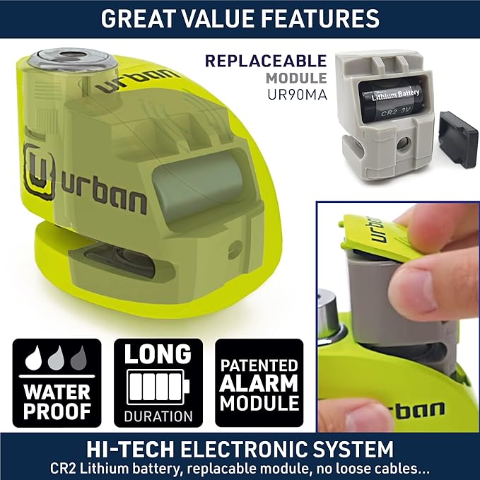 URBAN UR906X Hi-Tech Alarm Disc Lock 120 dB ON/Off, Replaceable Module, High-end Waterproof, Longlife Battery, Reminder Cable, Universal Motorbikes, Bicycles, Ebikes, Motorcycle Lock Anti Theft