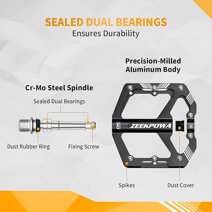 Zeekpowa Mountain Bike Pedals Flat, Road Bike Flat Pedals 16 Removable Anti-Skid Nails 9/16" Chromo Spindle Sealed Bearings Ultra CNC Aluminum Pedals Non-Slip Wide Platform Road/City Cycling