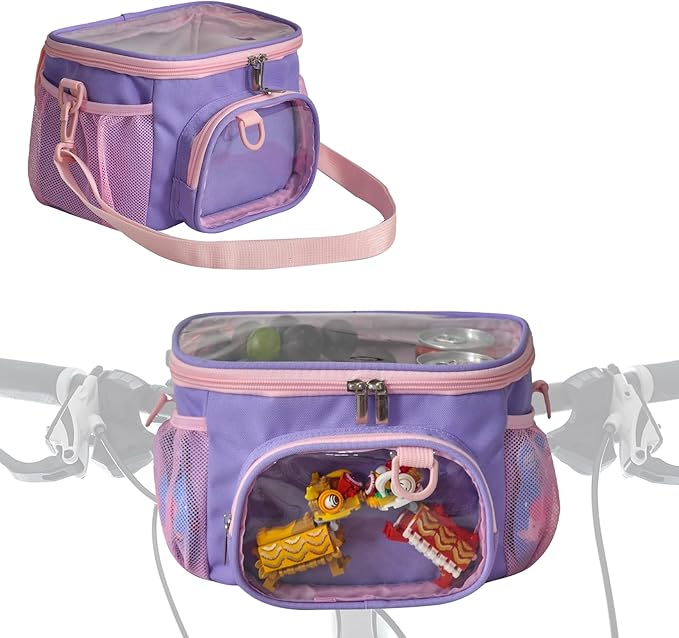 Kids Bike Basket,Durable Front Frame Bicycle & Scooter Basket Bag,Waterproof Fabric Bicycle Handlebar Bag for Boys, Girls, Toddlers with Shoulder Strap (Purple)