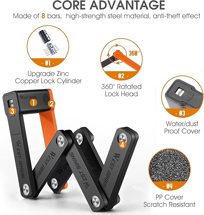 Compact Folding Bike Lock with 3 Keys, 2.06 Ft Anti Theft Security Bicycle Locks, Super Strong Bicycle Security Chain Lock with Bracket for Electric Bikes/Scooters