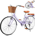 26Inch Foldable Beach Cruiser Bike for Women, Womens Folding Bike with Basket, 7 Speed Hybird Commute Bicycles with Cushion, V-Brakes, Quick Install for Adults, Womens (Pruple)