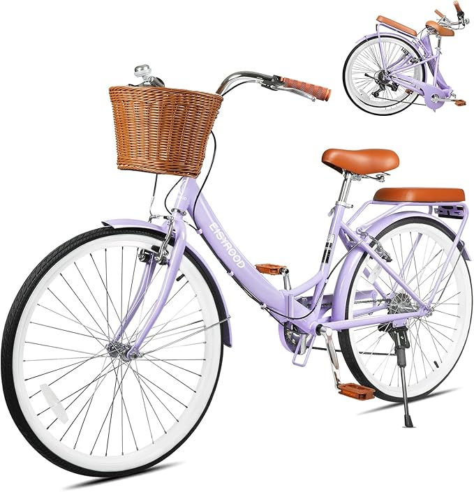 26Inch Foldable Women Bike, Womens Folding Bike with Basket, 7 Speed Beach Cruiser Fodable Bike for Women with Cushion, V-Brakes, Quick Install for Adults, Womens (Purple)