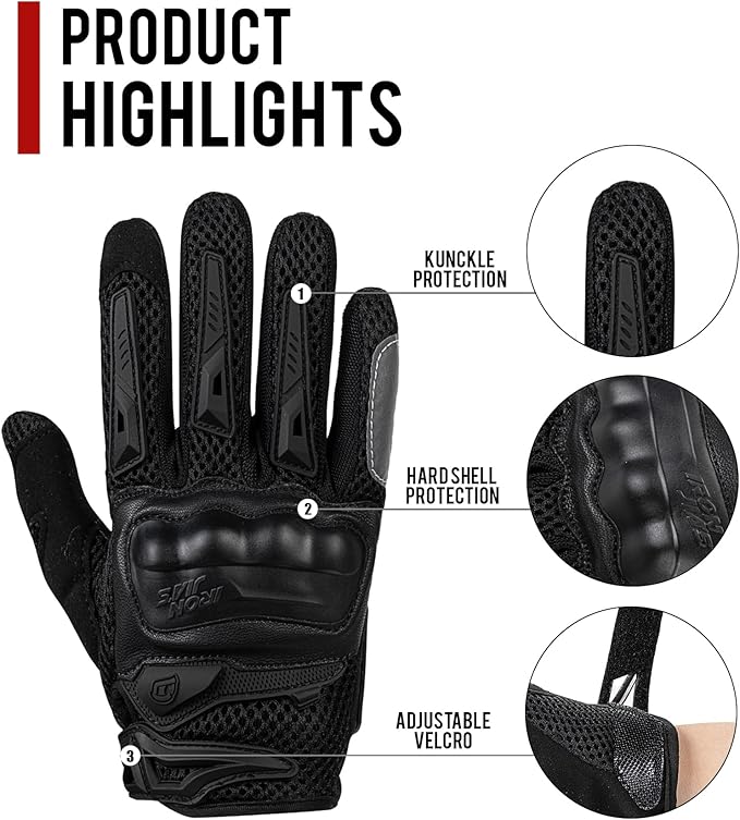 IRON JIA'S Motorcycle Gloves for Men and Women - Motorbike Powersports Racing Gloves with Hard Knuckle Touchscreen for BMX ATV MTB Riding (Black XL)
