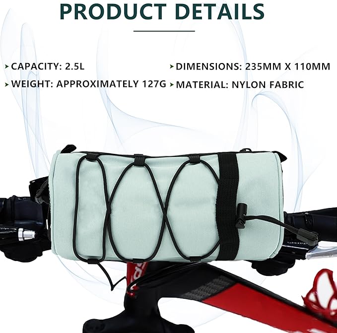 Waterproof Bike Handlebar Bag, Nylon Bicycle Handlebar Bag with Side Pockets & Elastic Band for Commuting, Travel & Daily Cycling (Green)