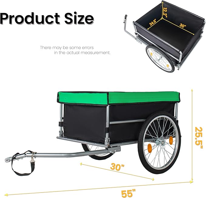 Aluminum Bicycle Trailer, Foldable Bike Cargo Trailer with Universal Hitch, 20'' Wheels, Removable Cover, Folding Frame Quick Release, Ebike Trailers for Camping, Groceries, 120 LBS Capacity, Green