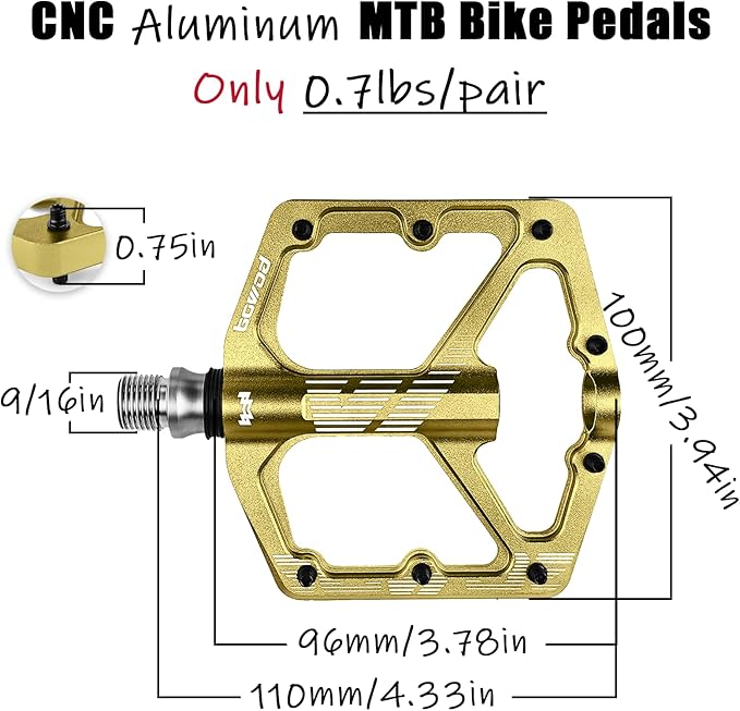 MTB Pedals Flat, Gravel Bike Pedals Flat, Light CNC Aluminum Alloy Platform Pedal w 3 Bearings Cr-Mo Spindle, Grippy Bicycle Pedals w 16pcs Pins, Mountain Bike Pedals Adult Child BMX Bike 9/16"