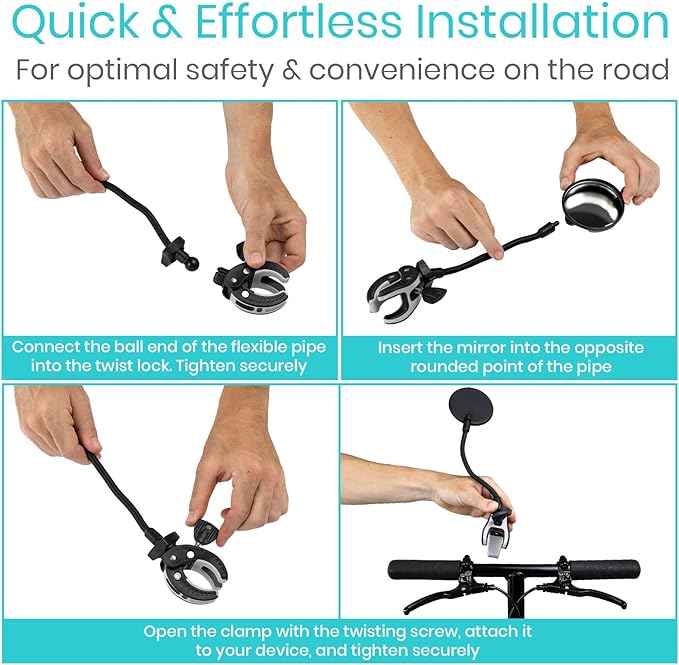 Vive Rear-View Side Mirror - Designed for Scooters, Bikes, Motor Vehicles, Bicycles, Handlebars - Clamp On Scratch Resistant Glass - 360 Rotatable, Adjustable, Universal Fit, Wide Angle Safety Support