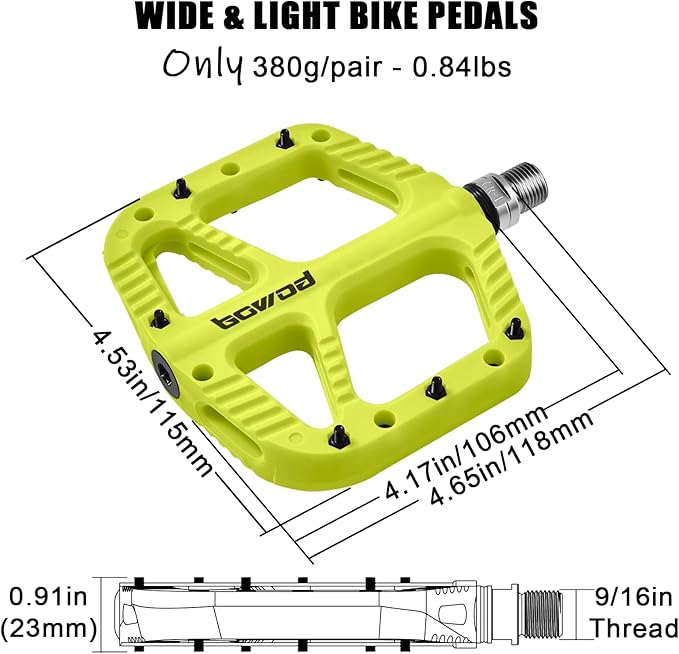 MTB Pedals Flat Mountain Bike Pedals Adult, Light and Wide Nylon Composite Bicycle Platform Pedal w Grippy Pins, 9/16" Cr-Mo Spindle 2 Bearings, Clipless Pedals for BMX Gravel Road E.Bike 9/16"