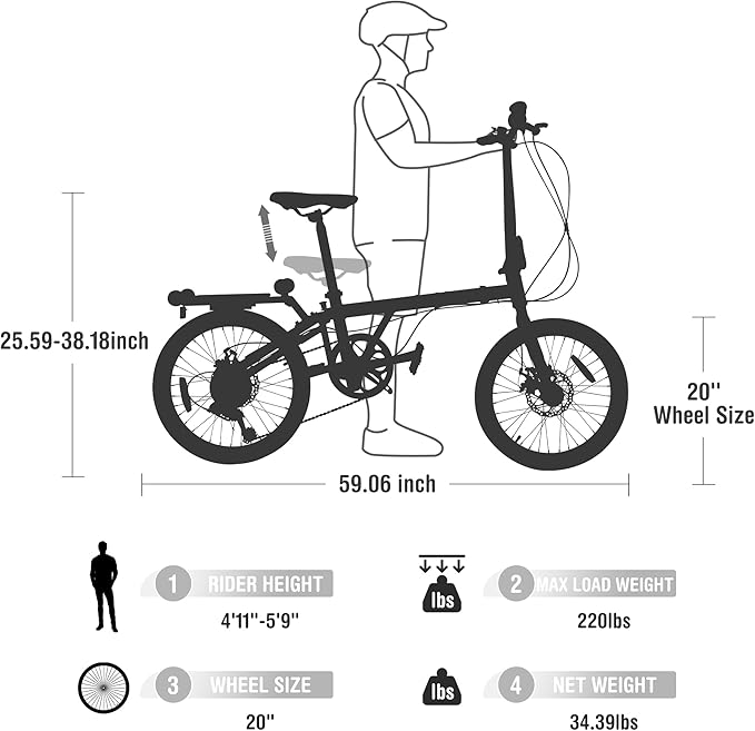 20 Inch Folding Bike for Adults, 7-Speed Shimano Gears & Dual Disc Brakes, Steel Frame,Compact Foldable Design- Perfect for Commuting/Travel