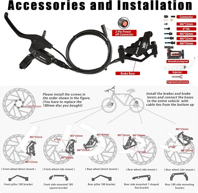 Hydraulic Brakes for Ebike: 2 PIN Female Waterproof Power-Off Connector, Pre-Bleed Filled with DOT 4 Brake Fluid Front and Rear Brakes Kit - 180mm 2.75mm Thickened Rotor (Include Hose Cutting Tool)