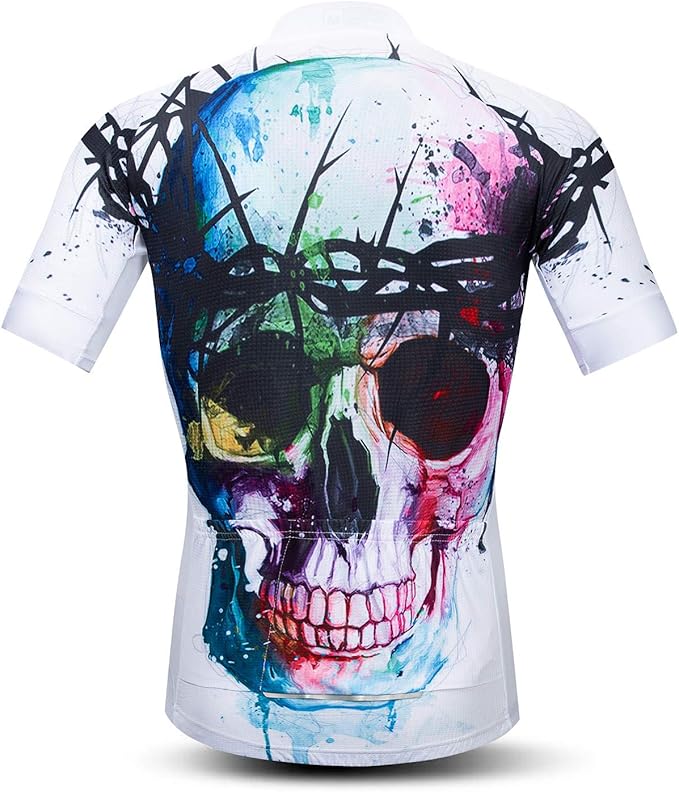 Men Cycling Jersey Skull Bike Short Sleeve Tops Quick-Dry Reflective 3-Pockets S-3XL