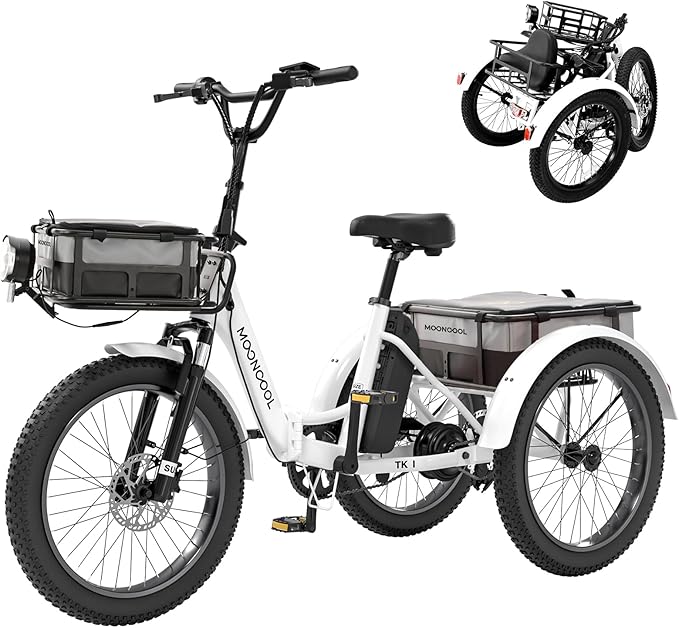 MOONCOOL Folding Electric Tricycle for Adults, 48V 500W 3 Wheels Electric Trike, Aluminum Frame 750W Electric Tricycle Adult Bicycle with Removable Battery, Front and Back Bags