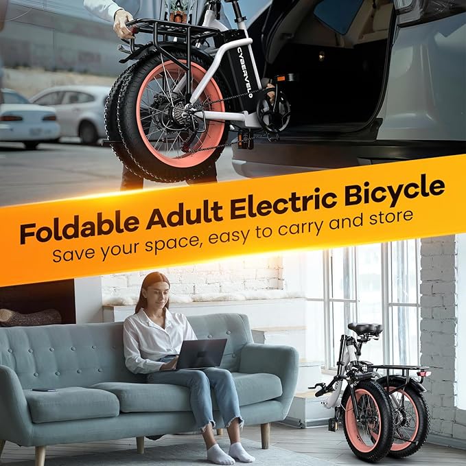 EUYBIKE 1000W Peak Folding Electric Bike City Commuter Ebike, 48V 20AH Lithium Battery, 20" Fat Tire 7-Speed Colourful LCD Display City Commuter Step-Thru E-Bicycle Pink White with Rear Basket