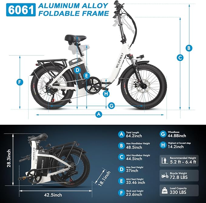 Wildeway Folding Electric Bike for Adults with 32Ah Battery Long Range 750W Motor 28MPH, 20"x 3.0"Fat Tire Foldable EBike, Urban City Commuter Men Women Bicycle 7 Speed Gear