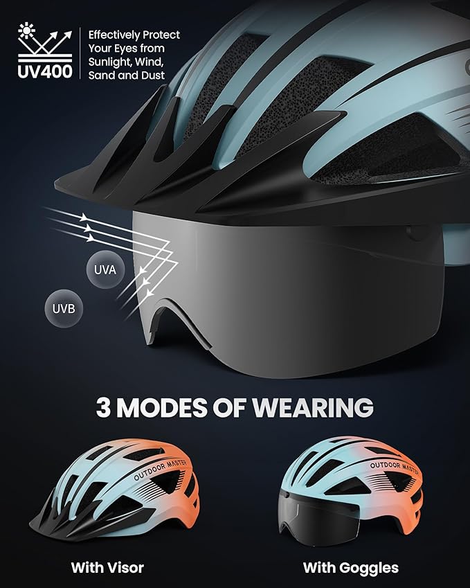 OutdoorMaster Adult Bike Helmet - Bicycle Helmet with Rechargeable Rear LED Light, Detachable Magnetic Goggles, Removable Sun Visor - Suitable for Commuting and Cycling for Men and Women