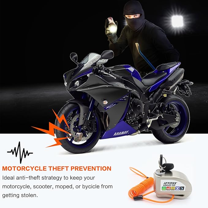 IZTOSS Motorcycle Alarm Disc Lock Anti-Theft Disc Brake Lock Waterproof 110 dB 7mm Pin 4ft Reminder Cable for Motorcycles Bicycles Scooter Carry Pouch（Optional Alarm）