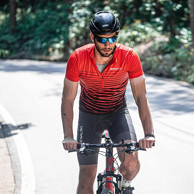 Spotti Men's Cycling Bike Jersey Short Sleeve with 3 Rear Pockets- Moisture Wicking, Breathable, Quick Dry Biking Shirt