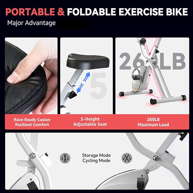 Lightweight 33LB Foldable Exercise Bike for Small Apartments, Stationary Bikes for Home Workout, Indoor Portable Cycling Bike with 16-Level Magnetic Resistance, 260LBS Capacity, 5.5 LBS Flywheel