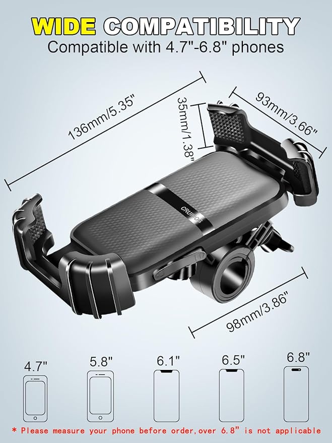 Motorcycle Phone Mount,Handlebar Phone Holder for Bike,360°Rotation,Silicone Wrapped Phone Clamp,One-Touch Quick Lock Scooter Stroller Bicycle Phone Holder,4.7- 6.8"Phones,Thick Cases Friendly