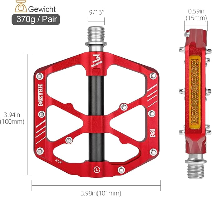 MZYRH 3 Bearings Mountain Bike Platform Pedals - Flat Alloy 9/16" Non-Slip Bicycle Pedals