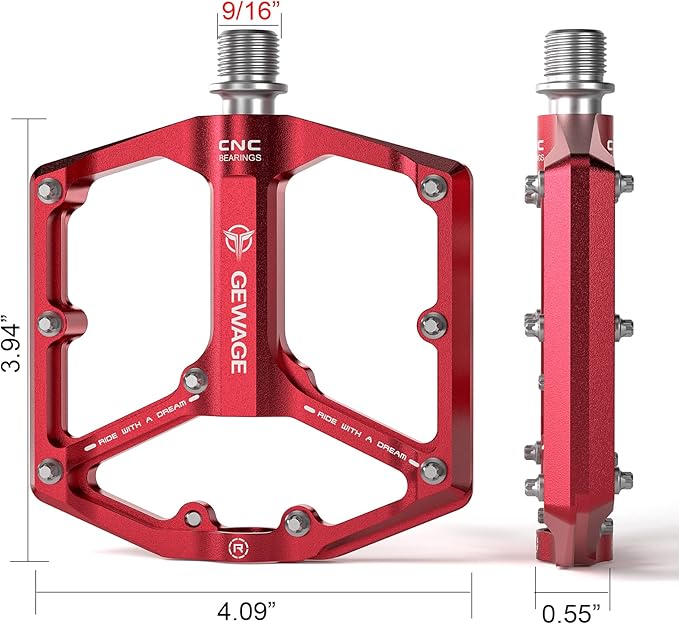 Road/Mountain Bike Pedals - 3 Bearings Bicycle Pedals - 9/16” CNC Machined Flat Pedals with Removable Anti-Skid Nails