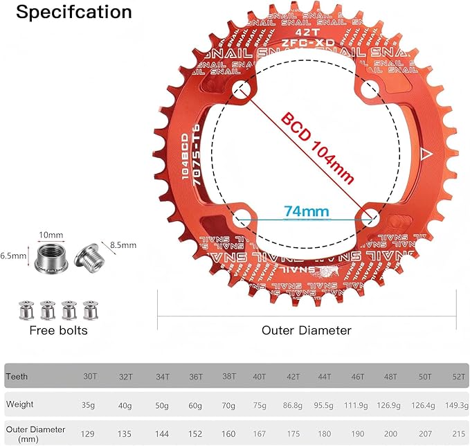 CYSKY 104 BCD Chainring 30T to 52T Narrow Wide Chainring with Sprocket Bolts for 1x Set-up Road Bike Mountain Bike BMX MTB Gravel Ebike