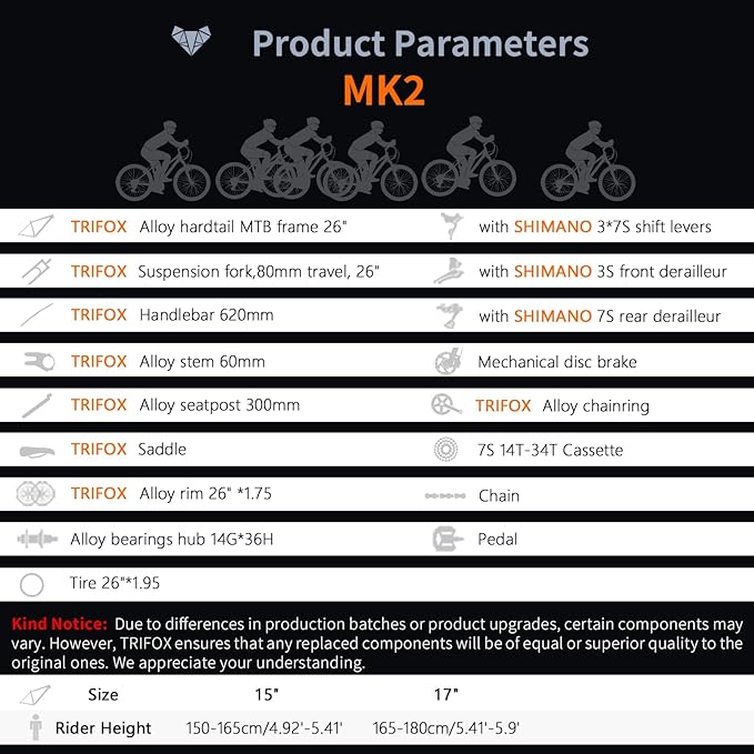 TRIFOX 26 Inch Aluminum Mountain Bike with Shimano 21-Speed,Aircraft-Grade Aluminum Frame,Dual Disc Brakes,15/17 Inch Internal Cable Routing Frame for Men Women Boys Girls