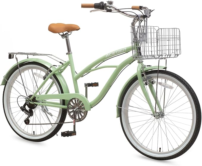 ACEGER 24 26 Inch Women Beach Cruiser Bike, Single Speed and 7 Speed, Adult Hybrid Bike Commuter Bicycle, Hi-Ten Steel Frame with Adjustable Handlebar and Saddle, Multiple Colors