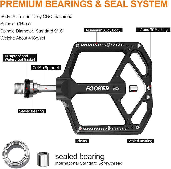 FOOKER Mountain Bike Pedals,Non-Slip Bicycle Flat Pedals Aluminum 9/16",MTB Pedals Wide Platform Pedals for Mountain Bike, BMX, Road Bike Pedals