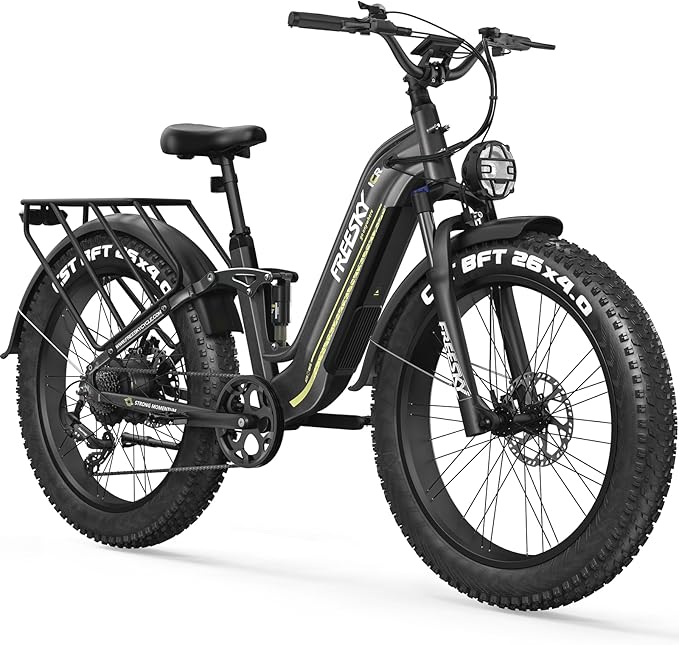 FREESKY Wildcat Ultra 3000W Electric Bike for Adults 105mile Long Range Step-Thru Ebike Motor 37MPH Dirt E Bike 25Ah Samsung Battery 26'' Fat Tire Electric Bicycle Full Suspension for Commute