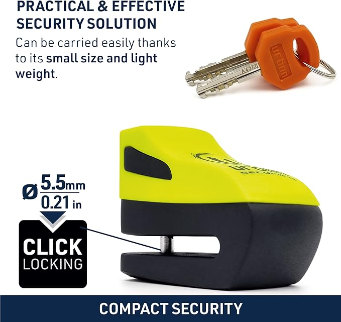 URBAN UR955Y Motorcycle Disc Lock, Compact and Effective Security, More Visible More Deterrent, Quick Click Locking, Universal Anti Theft Wheel Brake Lock for Motorbike Scooter Electric Bike Bicycle