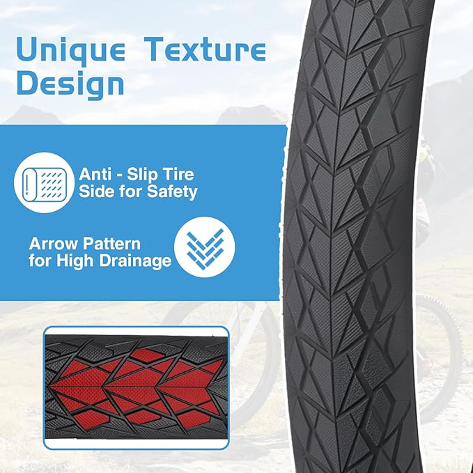 MEGHNA Bike Tire 20/24/26/27.5 inch Foldable Replacement Cruiser Bike Tire Mountain Bike Groove Anti-Slip with Tire Lever for Kids Hybrid Bike