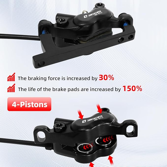 Z00M HB876E 2-PIN 4-Pistons E-Bike Electric Power-Off Hydraulic Brake Set, Pre-Bled with Mineral Oil Brakes Kit for eBike, Mountain Bike, Road Bike