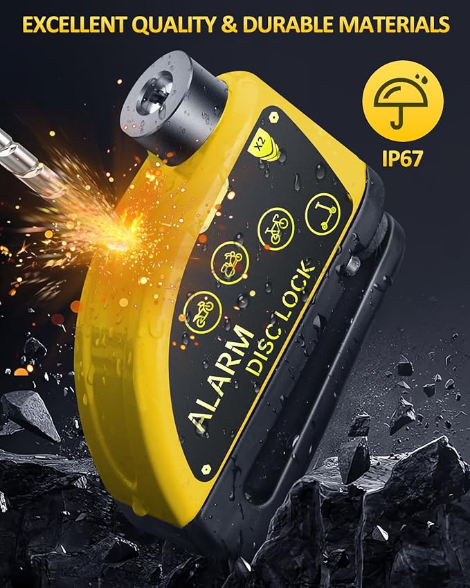 ONVIAN Rechargeable Motorcycle Lock with 120db Alarm and 6FT Steel Reminder Cable, for 7mm Pin Motorcycles Bicycles Ebike Scooter Moped(Yellow)