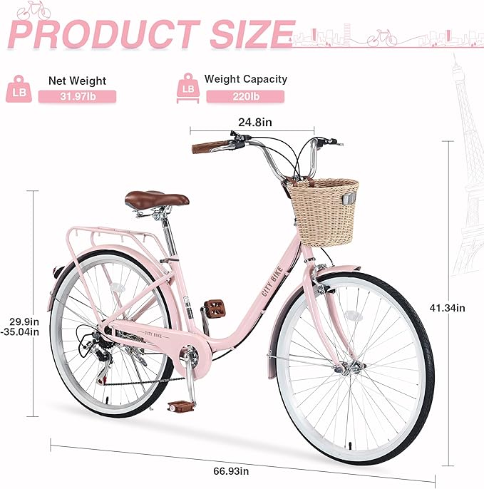 22/26 Inch Women's Bike Beach Cruiser Bike for Women/Girls，City Hybrid Bike 7 Speeds Adult Bicycle Commuter Bike for Women Men,4 Colors