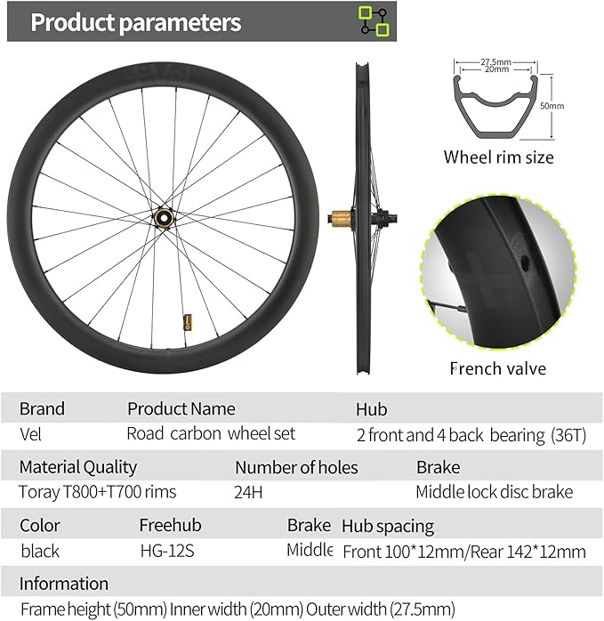 MEROCA VEL Road Bike Carbon Wheelset 700C Clincher Wheelset 50/60mm Deep Disc Brake Clincher/Tubeless Ready, 36T Ratchet Hub, Pillar Spokes