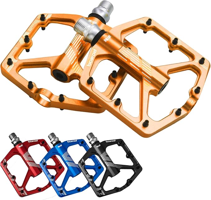 MTB Pedals Flat, Gravel Bike Pedals Flat, Light CNC Aluminum Alloy Platform Pedal w 3 Bearings Cr-Mo Spindle, Grippy Bicycle Pedals w 16pcs Pins, Mountain Bike Pedals Adult Child BMX Bike 9/16"