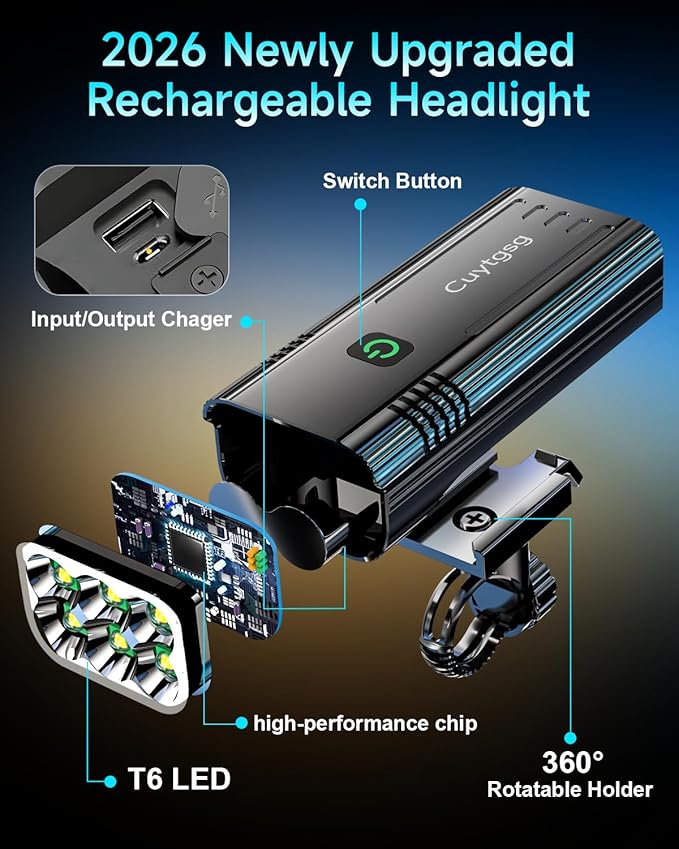 2026 Upgrade 6800Lumen Bike Light for Night Riding,Super Bright 6 LED Headlight,Aluminum 10 Mode Rechargeable Bicycle Light Front and Rear,360°Rotatable Brackt,Waterproof,Runtime 72 hr,Road Shockproof