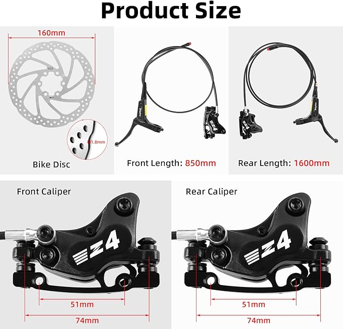 4-Pistons E-Bike Hydraulic Disc Brake Set, 2-PIN Electric Power-Off Hydraulic Brakes Set with 160mm Rotors, Pre-Bled with Mineral Oil Brakes Kit for eBike, MTB, Electric Scooters