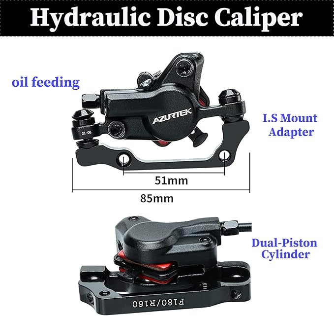 RUJOI MTB Hydraulic Disc Brakes Set, Mountain Bike Left Front 800mm Brake Aluminum Alloy Levers with Calipers PM/is Adapter and 160mm rotor Fit E-Bike(Pred Bled/Pads Included)