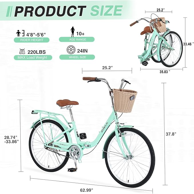 24/26 inch Female Bicycle Single Speed Folding Lady Bike, Durable Steel Frame,Compact Design for Easy Storage and Commuting Multi Color