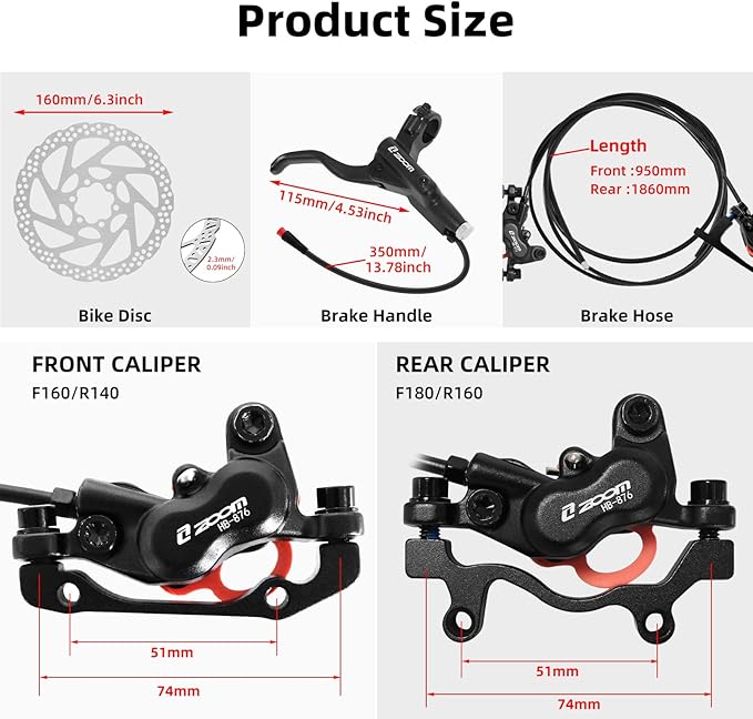 Z00M HB876E 2-PIN 4-Pistons E-Bike Electric Power-Off Hydraulic Brake Set, Pre-Bled with Mineral Oil Brakes Kit for eBike, Mountain Bike, Road Bike