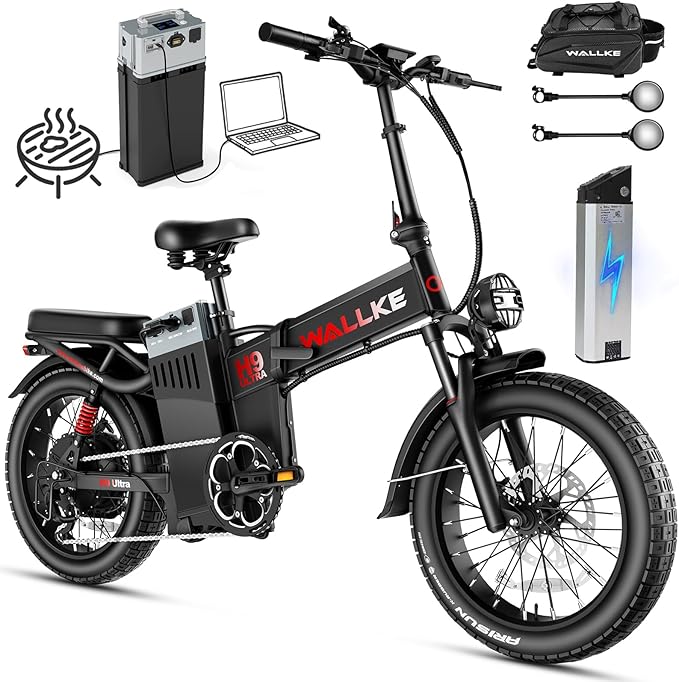 Wallke H9 Ultra 4000W Long Range Electric Bike for Adults, 55Ah 2640Wh 180 Mile, 37MPH Fast Ebike, 2-in-1 Battery AC/DC Power Hub & AC/Solar-Charging, Torque Sensor, Air Suspension,20" Fat Tire E Bike