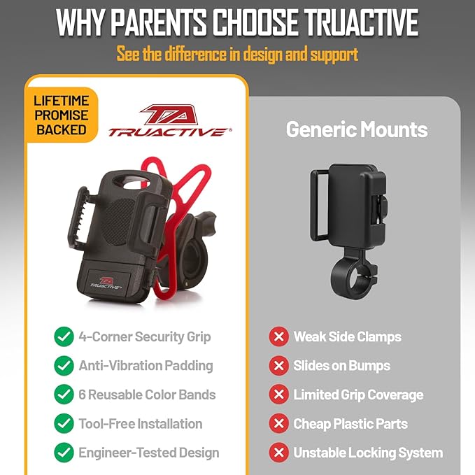 TruActive Premium Bike Phone Mount Holder for Kids and Teens | Universal Cell Phone Mount for 4"-7" Phones | Includes 6 Reusable Color Bands | Tool-Free Handlebar Mount Install for Boys & Girls Bikes